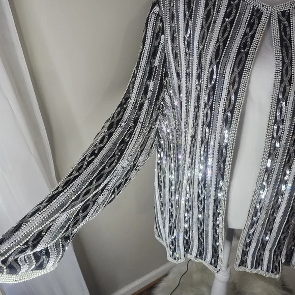 Papell Boutique Vintage 80s Black & Silver Beaded Sequin Silk Evening Jacket - Picture 5 of 13